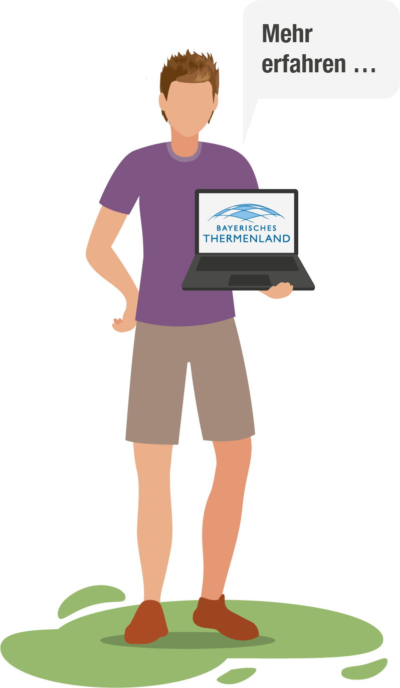 Figur mit Laptop in der Hand und einer Sprechblase mit den Worten: "Mehr erfahren..."